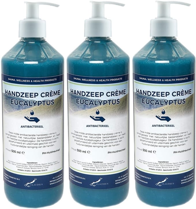 Handzeep Crème Eucalyptus 500 ml - set van 3 stuks - met gratis pomp - Voordeelverpakking