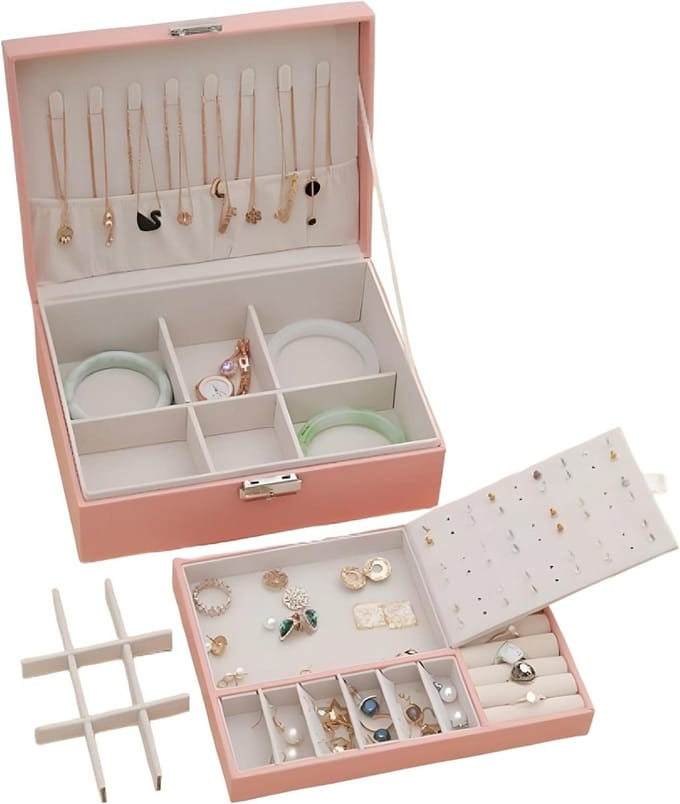 Opbergdoos Sieraden - Sieradendoosje Tas - Reizen Opslag - Dubbele Laag - Compact Formaat - Roze