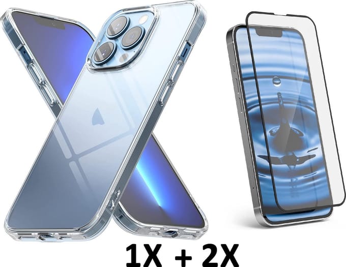 HB Hoesje Geschikt voor Apple iPhone 13 Pro Max - Transparant / 2X Volledige Glazen Screenprotector - Siliconen Back Cover