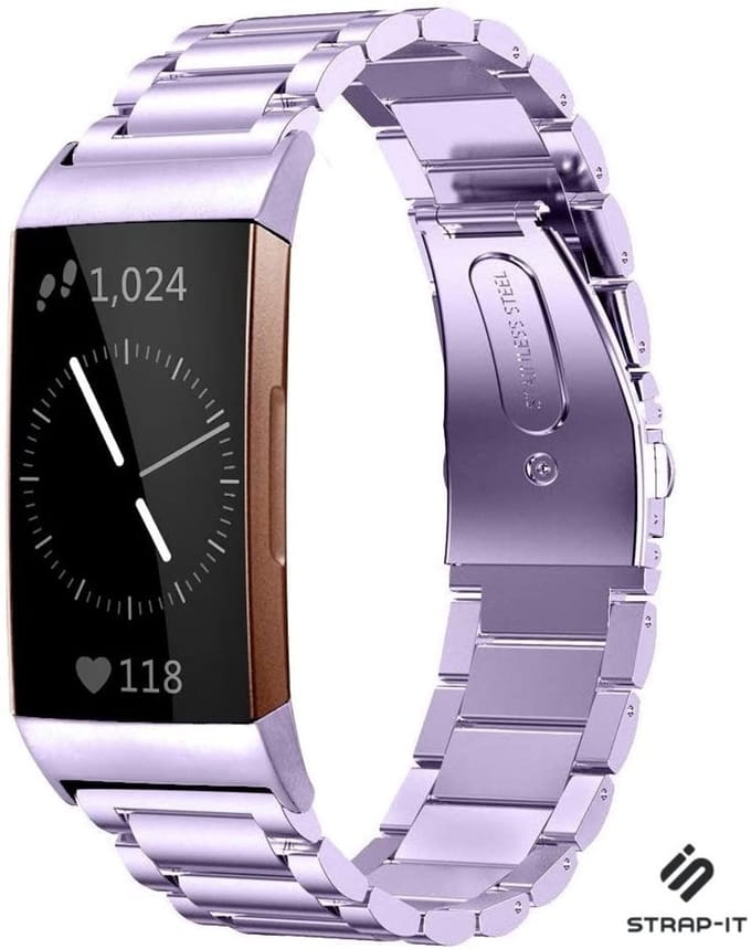 Strap-it Stalen schakel bandje - geschikt voor Fitbit Charge 3 / Charge 4 (lichtpaars)