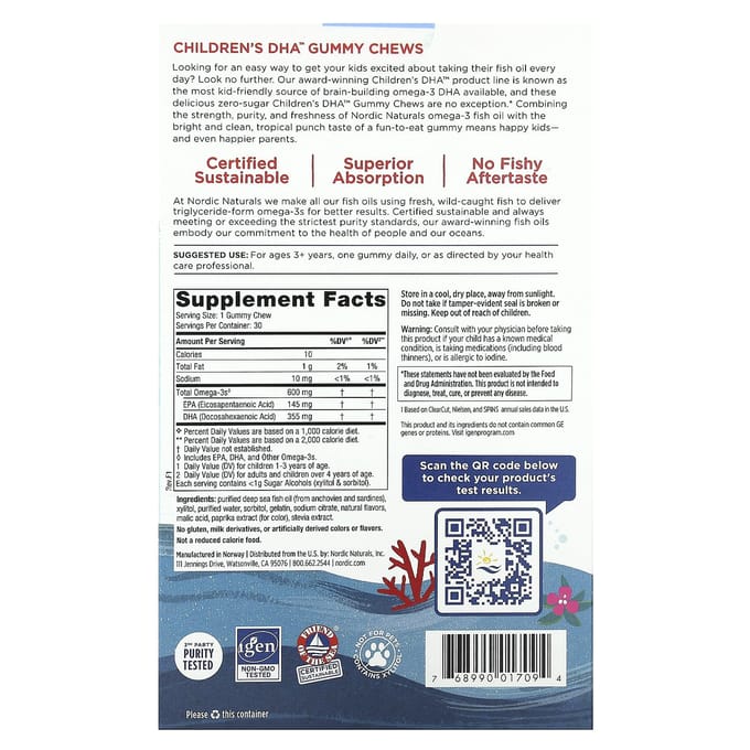 Nordic Naturals, Gommes à mâcher DHA pour enfants, 3 ans et plus, Punch tropical, 600 mg, 30 gommes