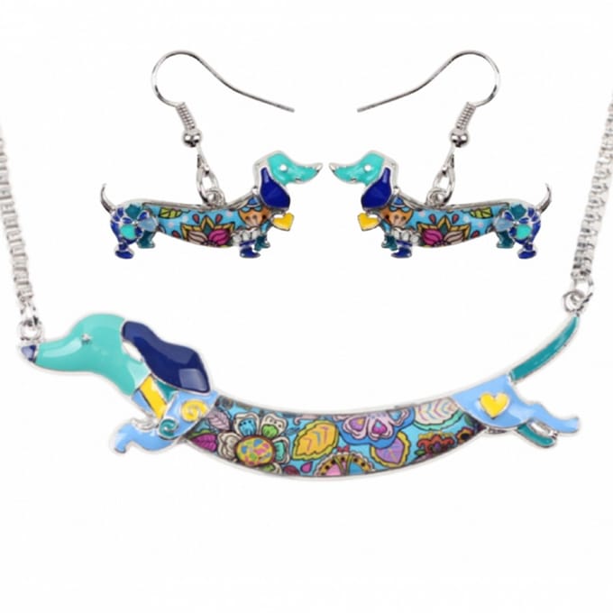 2-Delig- ketting- Oorbellen- Teckel- Blauw- Emaille- Charme Bijoux