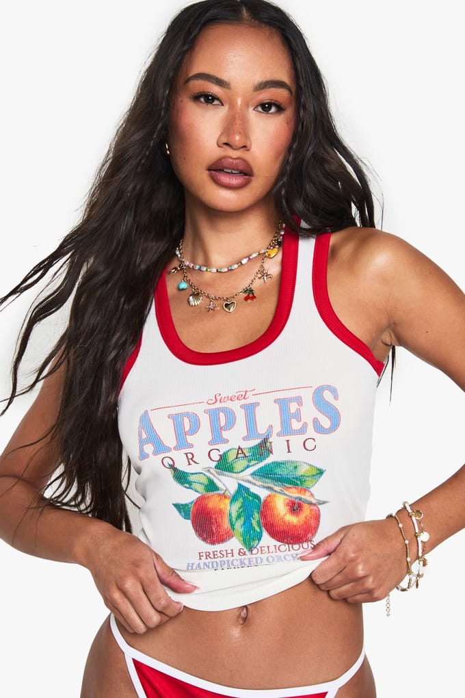 boohoo Dames Contrasterende Binding Appels Grafische Rib Tankvest Top | Wit | Maat: 42