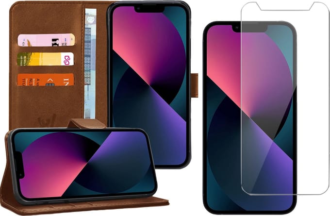 Hoesje geschikt voor iPhone 13 Mini - Screenprotector - Book Case Kunstleer Wallet - Bruin