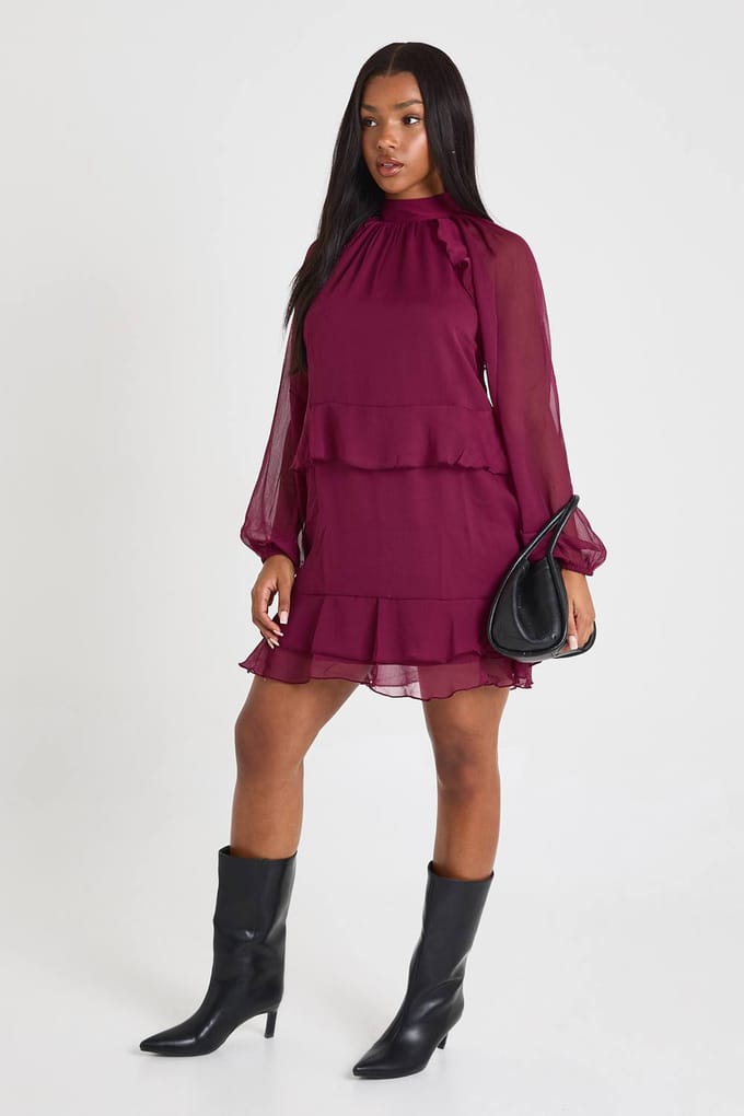 boohoo Dames Chiffon smockjurk met ruches | Burgundy | Maat: 8