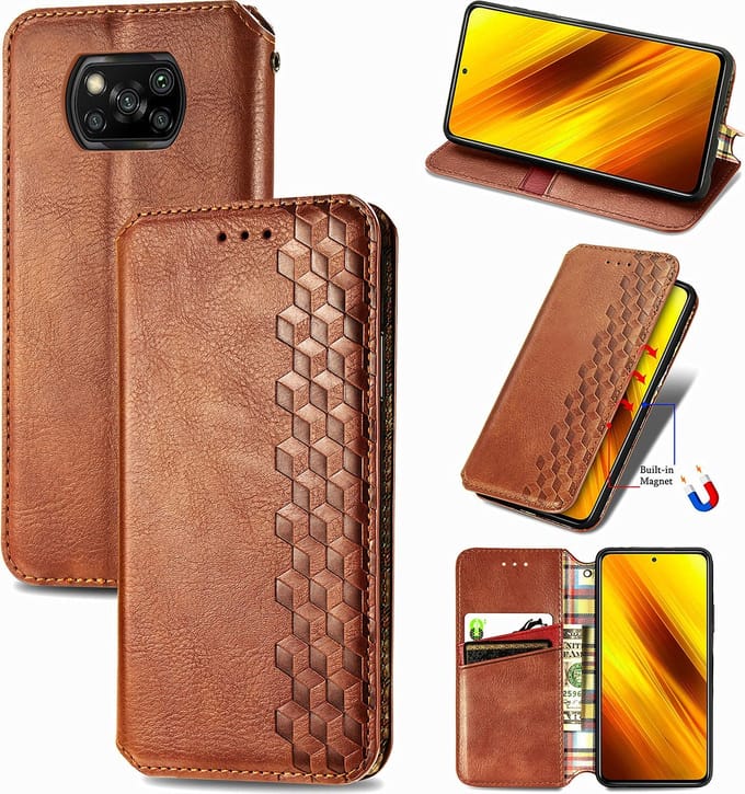 Luxe PU Lederen Ruitpatroon Wallet Case + PMMA Screenprotector voor Xiaomi Poco X3 / X3 Pro / X3 NFC _ Bruin