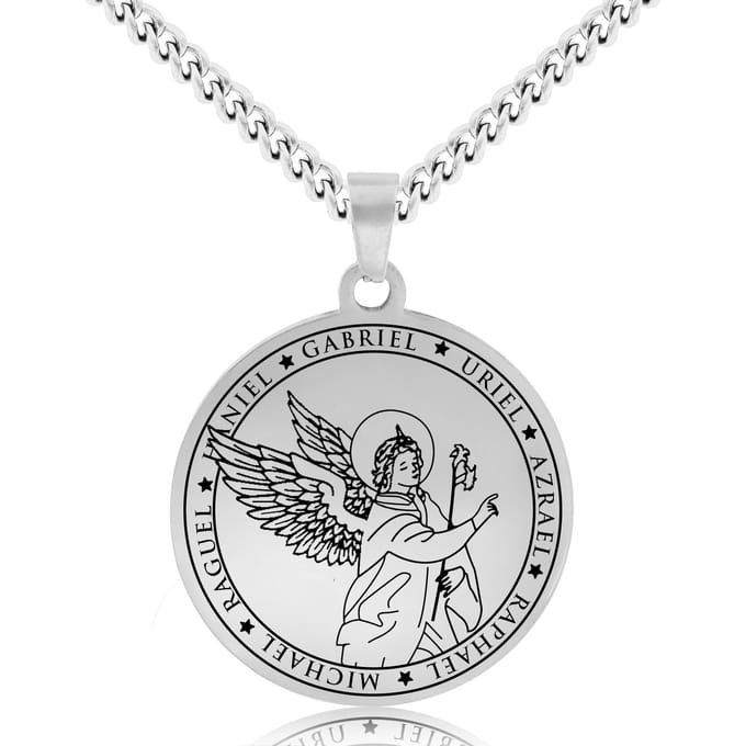 Beschermengel Gabriël Ketting Zilverkleurig - Aartsengel Talisman / Medalion - Engelen Hanger - 60cm