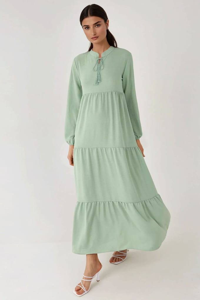 Gestructureerde Lange Mouwen Crew Neck Maxi Jurk