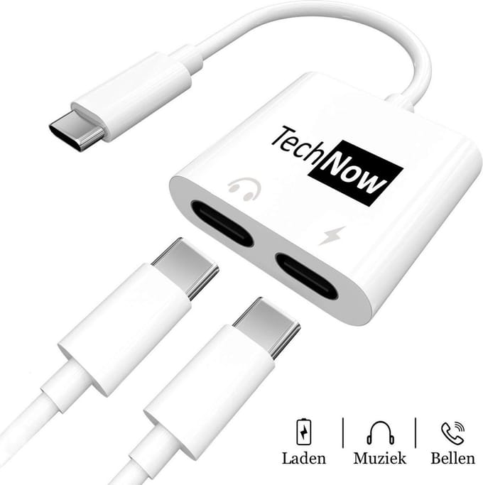 Audio en Oplaad Adapter naar twee USB C Type C aansluitingen TechNow - Universeel voor Telefoon / Tablet / Laptop / Smartphone / GSM