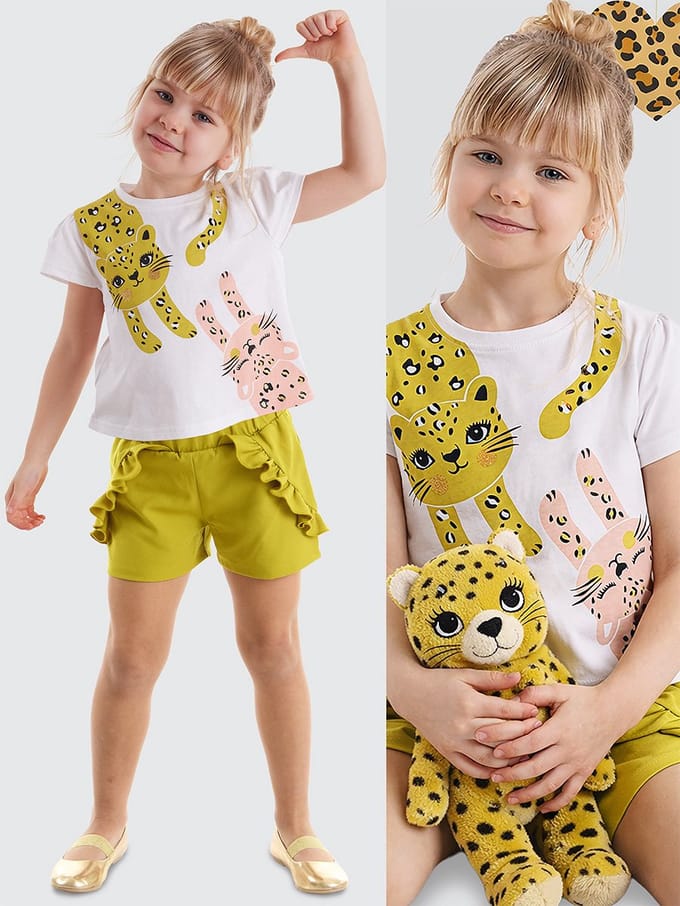 Denokids CFF-21Y1-065 Wit & Groen Meisjes T-Shirt & Shorts Set Kattenprint 92
