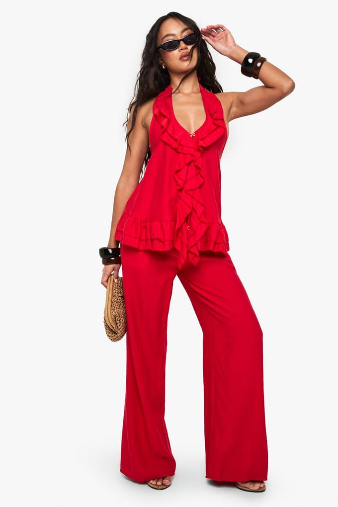 boohoo Dames Gewoven Gekreukeld Ruffle Top met Knopen | Rood | Maat: 34