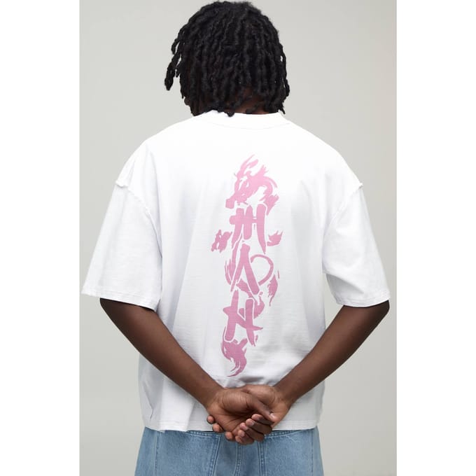 Wit Oversized Boxy T-shirt Met Zichtbare Naden En Ruggengraat Print | White | Size Small