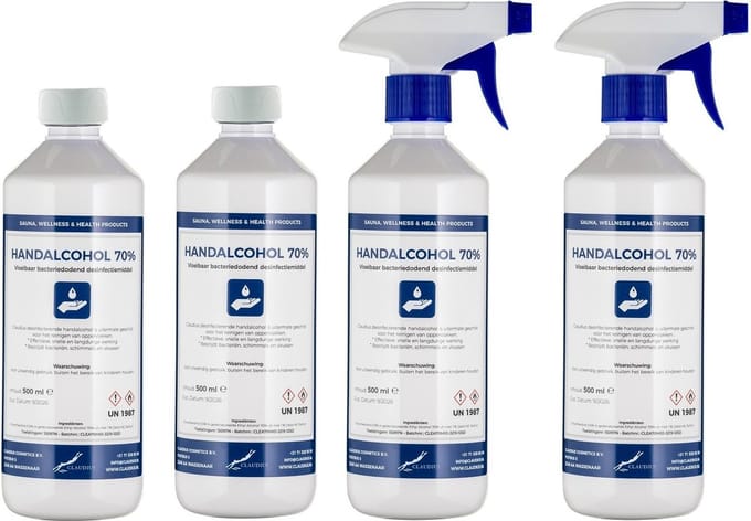 Handalcohol spray 70% - 2 x 500 ml met spraykop + 2 x 500 ml met dop