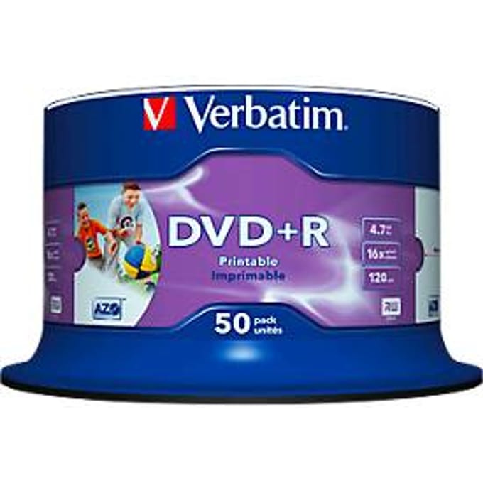 Verbatim DVD+R AZO Wide inkjet printable, capaciteit 4,7 GB,  spindel met 50 stuks