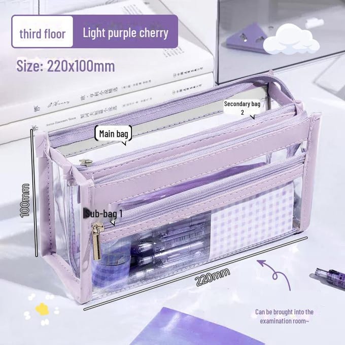 3-laags transparante etui met grote capaciteit: Stijlvol Koreaans Ins-ontwerp voor Meisjes Schrijfwaren paars