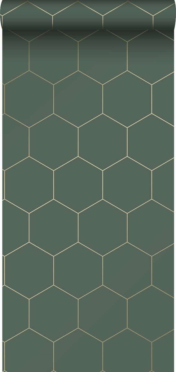 ESTAhome behang hexagon donkergroen en goud - 53 cm x 10.05 m - 139228