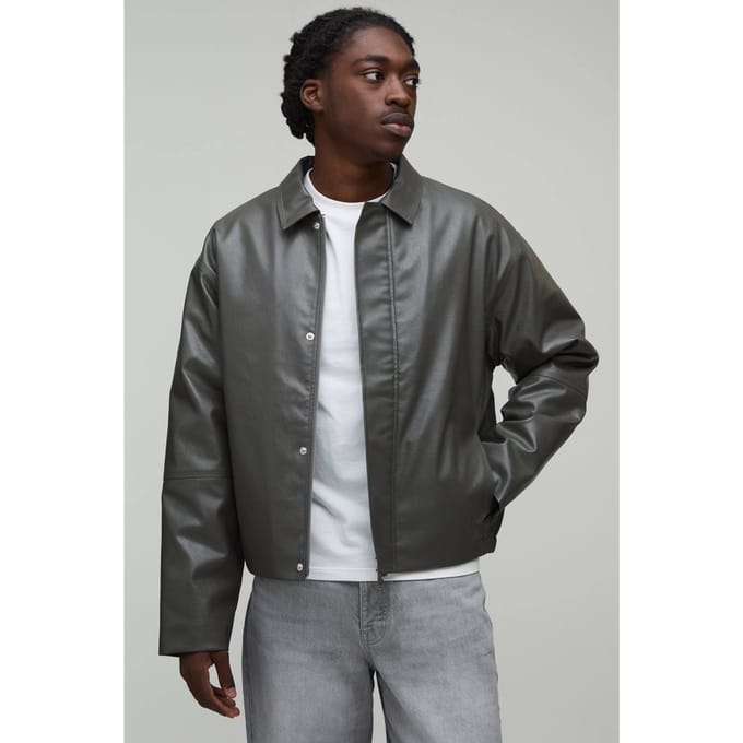 Boxy Fit Harrington Jas Met Panelen In Pu-leer | Charcoal | Size XS