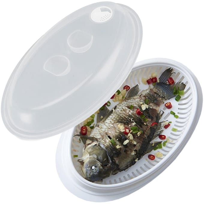 Dailygoods- Visstomer Snelle Warmtegeleiding - Magnetron Visplaat - Visstomercontainer - Deksel - Voedselkwaliteit - 3 Onderdelen - Stoomplaat