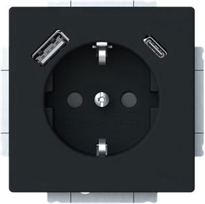 Busch Jaeger Future Linear Wandcontactdoos kinderbeveiliging + 2x USB-Lader MAT zwart 20 EUCB2USBAC-885
