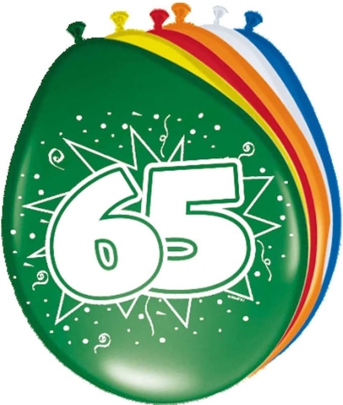 Verjaardagfeest leeftijd ballonnen - 65 jaar - 8x stuks - multi - 30 cm