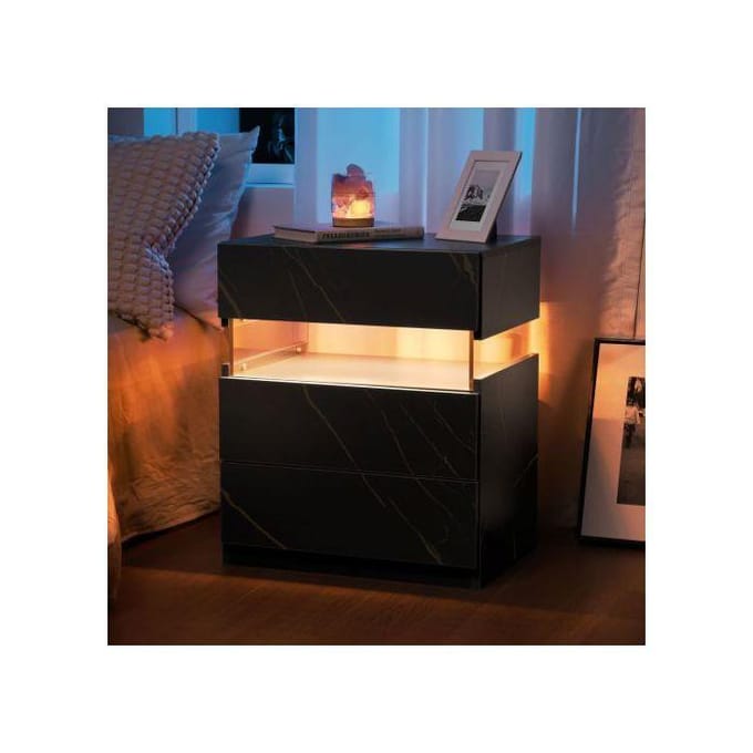 Table de nuit LED 3 tiroirs pour chambre à coucher avec panneau acrylique Table de nuit LED (Noir + Vert)