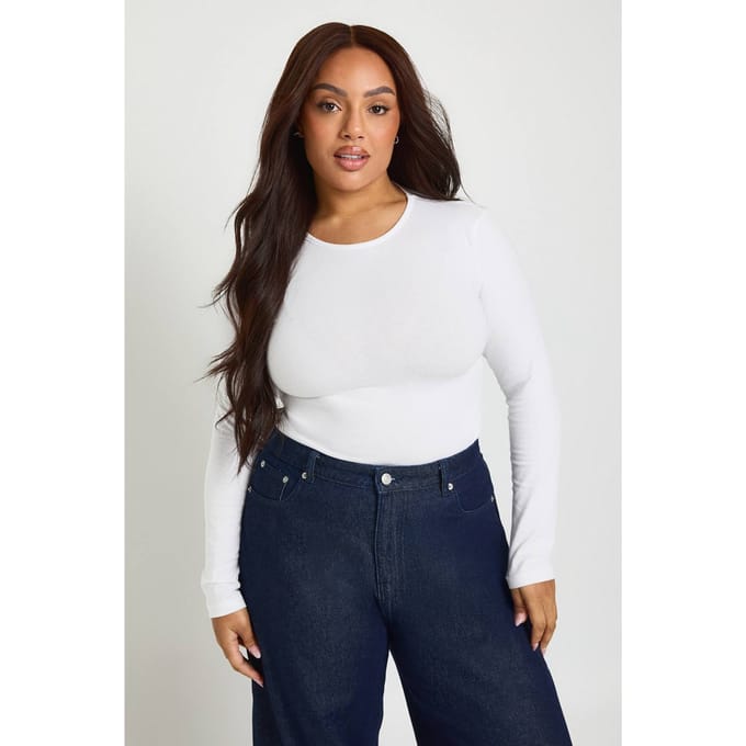 boohoo Dames Plus Lange Mouwen Ronde Hals Bodysuit | White | Maat: 16