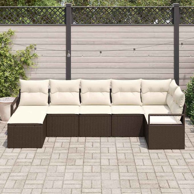 vidaXL Bankstel met kussen met opslag 7 pcs Bruin en Crème poly rattan