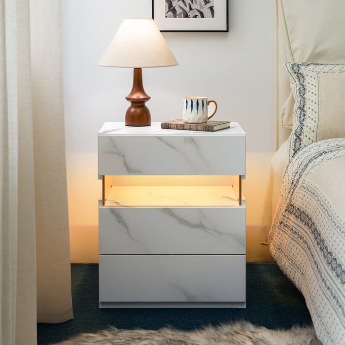 REDOM Nachtkastje van MDF-hout met LED-licht, 3 laden en acrylpaneel, mat wit, modern en multifunctioneel