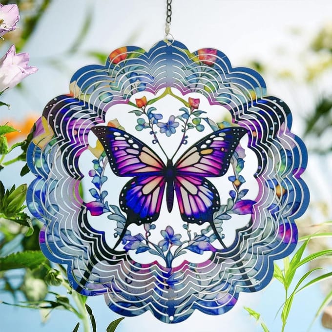 Vlinder windspinner - Metalen decoratie - Tuin decoreren - 3D kinetisch effect - 30 cm - Paars