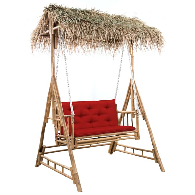 vidaXL - Schommelbank - 2-zits - met - palmbladeren - en - kussen - 202 - cm - bamboe