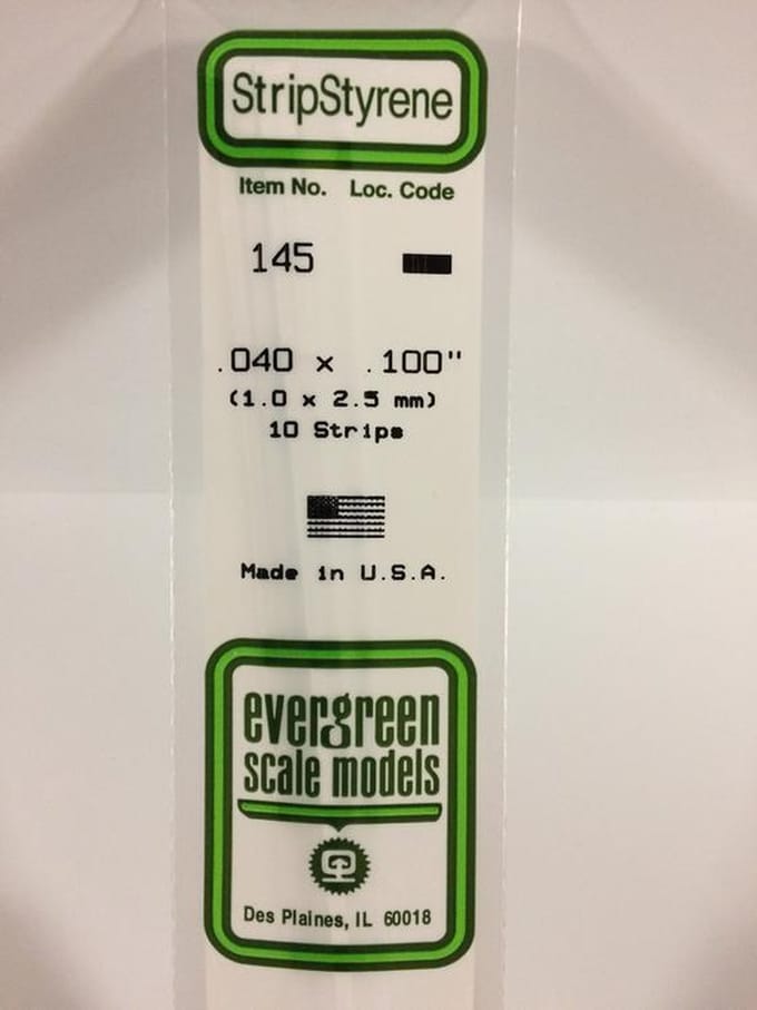 Evergreen Modelbouwdecoratie - 145 Strip 1,0mmX2,5mmX35cm - 10 stuks Styreen