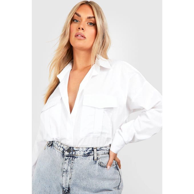 Dames Boohoo Basics Plus Oversized Katoenen Popeline Utility-Shirt | Wit | Maat: 52