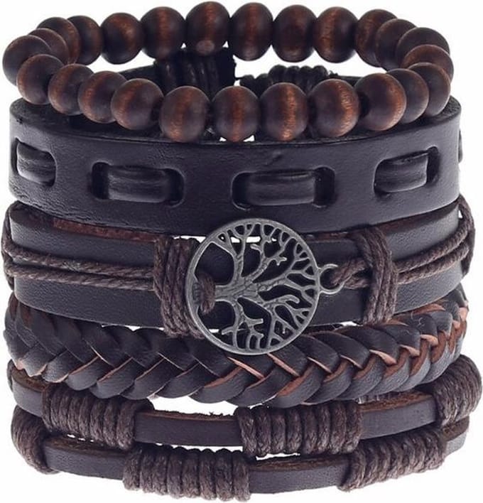 Fako Bijoux® - Leren Armband - Leder - Set Vintage Kralen - Levensboom