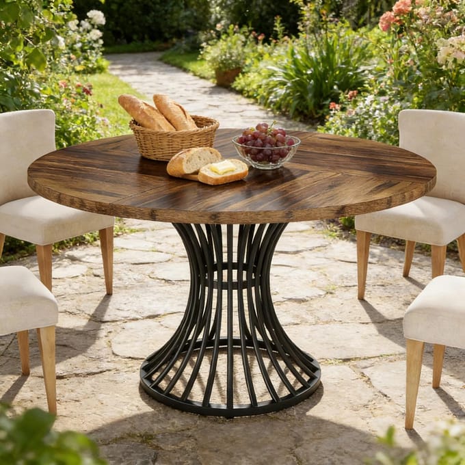 REDOM - Ronde Eettafel - Retro - Voor Eetkamer - MDF En Metaal - Zwart En Rustiek Bruin