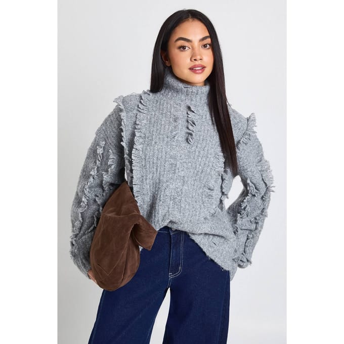 boohoo Dames Trui met textuurelementen en hoge hals | Houtskool | Maat: Medium