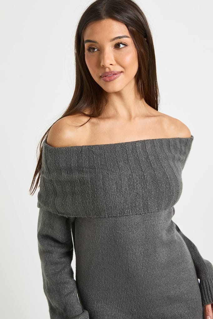 boohoo Dames Premium Oversized Bardot Halslijn Maxi Jumper Jurk | Houtskool | Maat: Medium