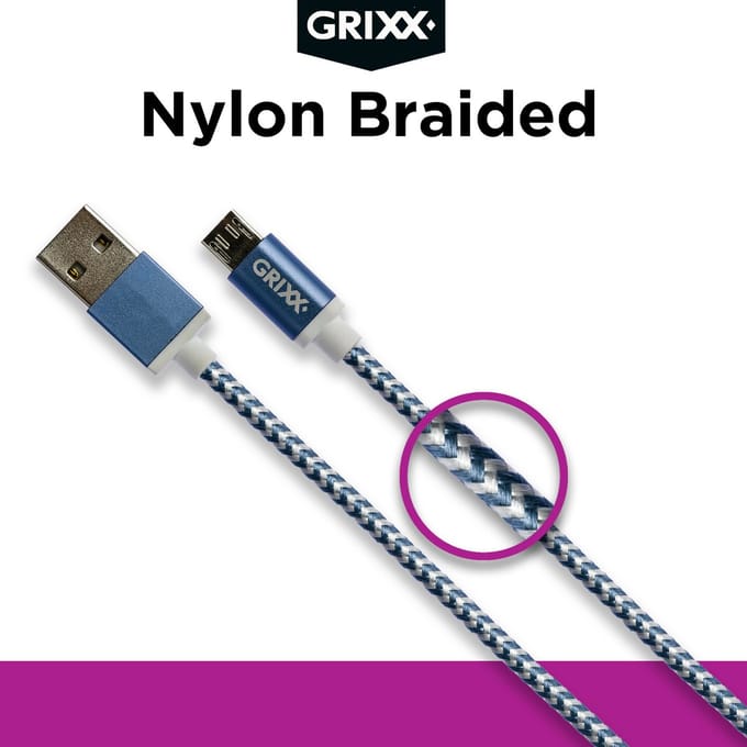 Micro USB kabel 3 meter - Grixx - USB A naar Micro USB - oplaadkabel - blauw wit