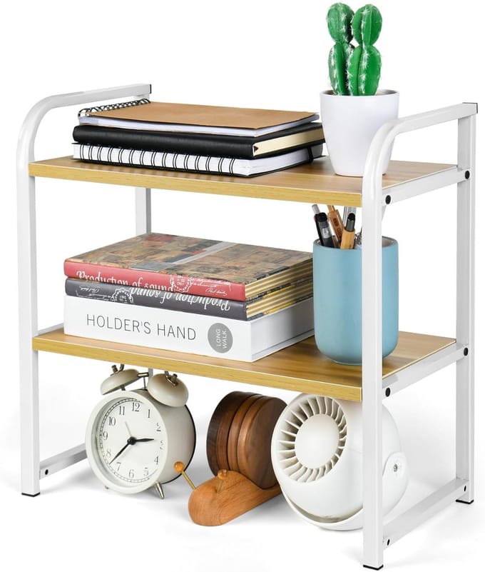 Bureau plank organizer - Opbergrek 2 laags - Kantoor thuis - Verstelbaar en ruimtebesparend - 40x20x38.5 cm - Wit