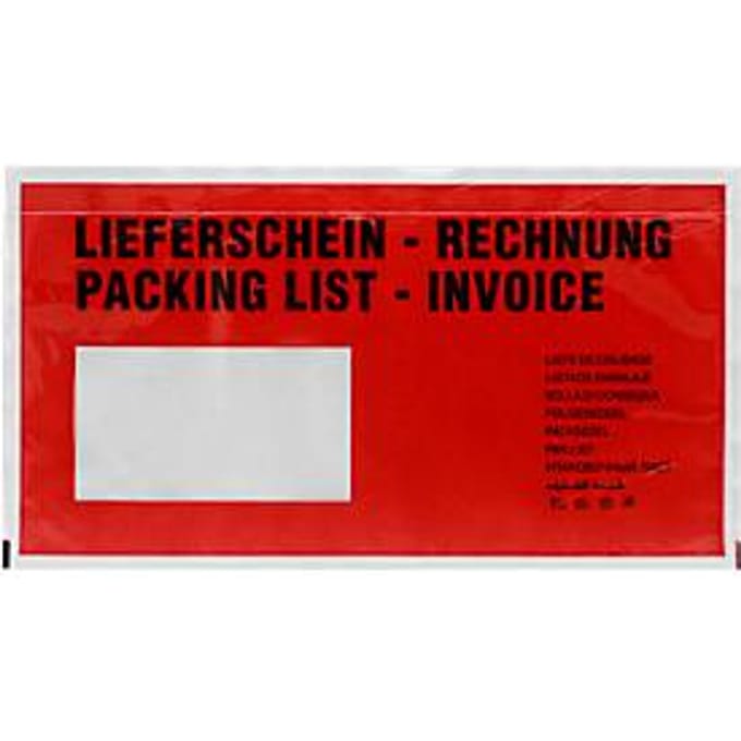 Documenthoesje leveringsbon/factuur, DIN lang, zelfklevend, PCR polyetheen, rood, 250 stuks