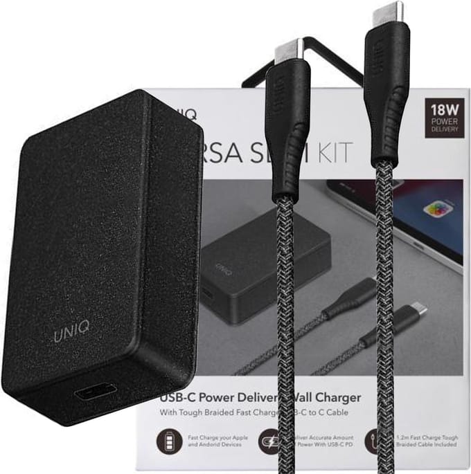 Uniq - Versa - Slim LITHOS Collective USB-C PD 18W wandlader + USB-C/USB-C kabel - zwart