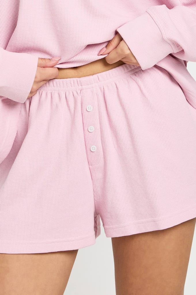 boohoo Dames Wafel Henley Shorts | Light Pink | Maat: 16