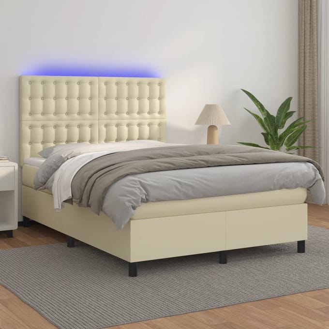 vidaXL - Boxspring - met - matras - en - LED - kunstleer - crèmekleurig - 140x190 - cm