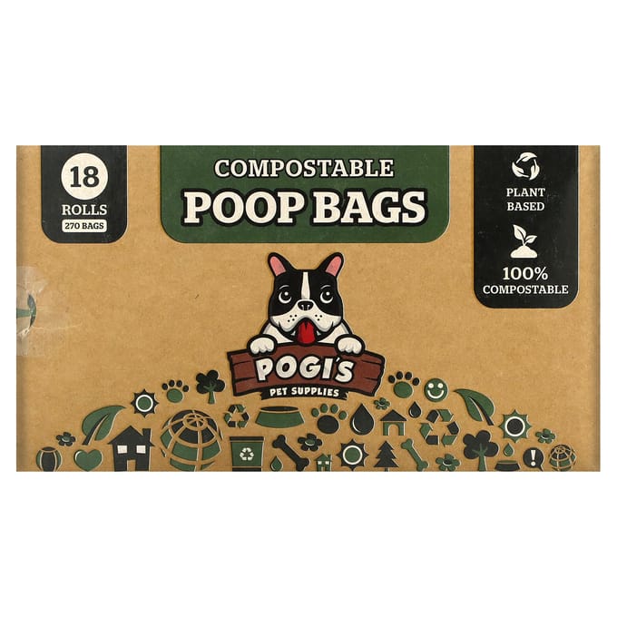 Pogi's Pet Supplies, Sacs à litière compostables, 18 rouleaux, 270 sacs black