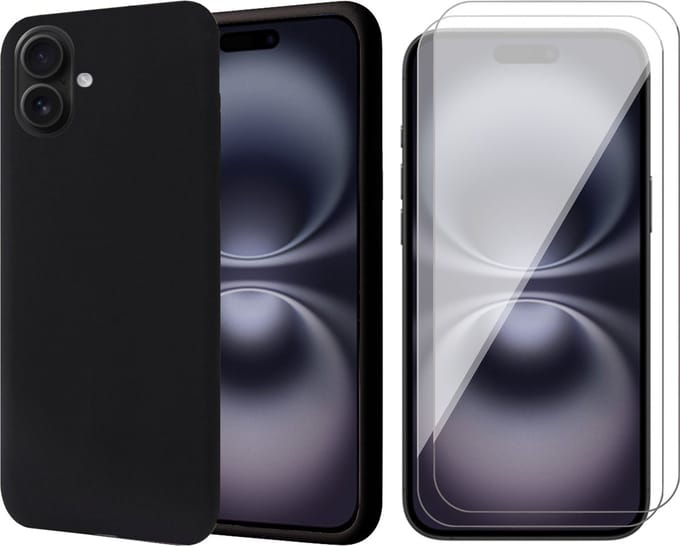 Hoesje geschikt voor iPhone 16 Plus - 2x Screenprotector Glas - Matte Case Zwart met Fluweelzachte Binnenzijde