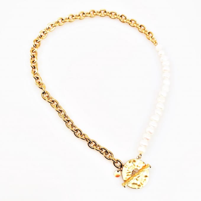 Stalen Dames Ketting - 18 Zoetwaterparels - Gold Plated