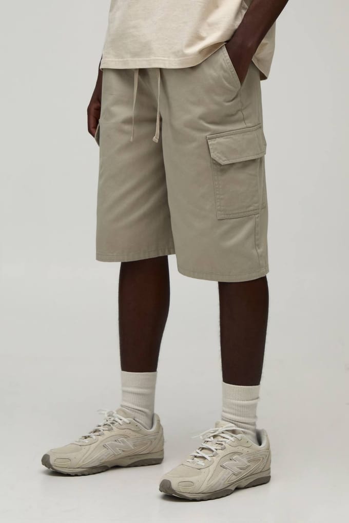 Essential Baggy Fit Elasticated Twill Cargo Shorts | Stone | Size 3XL