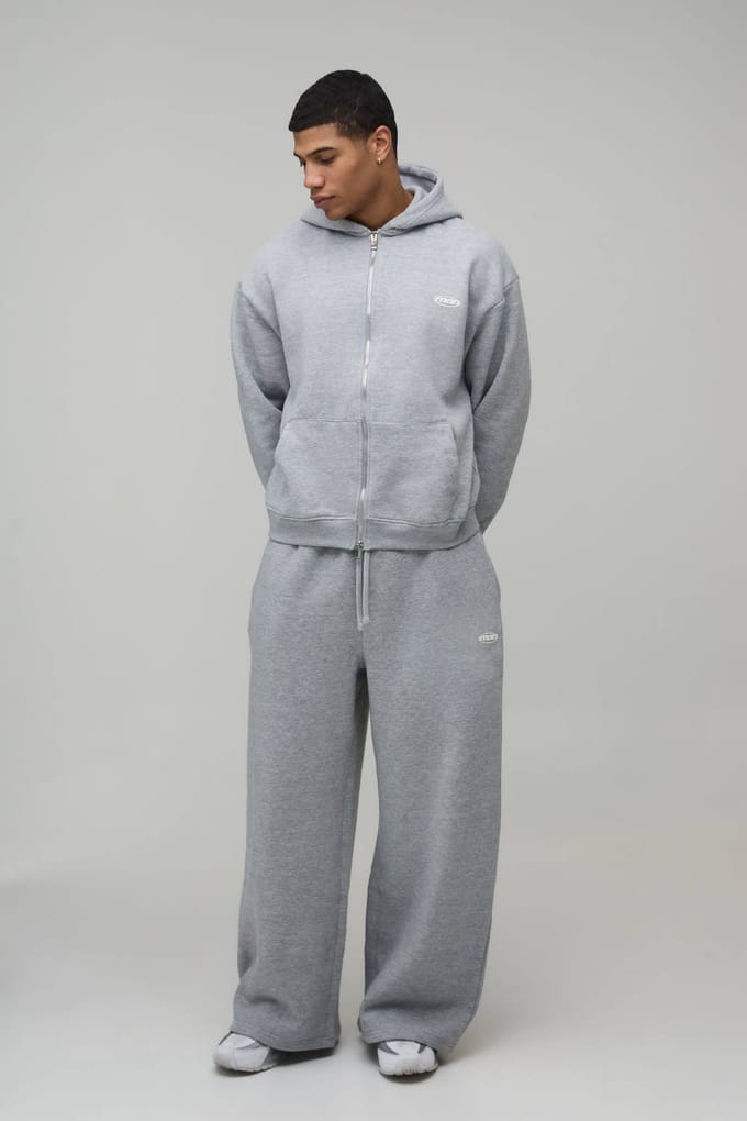 Oversized Boxy Heren Sport Trainingspak met Capuchon en Rits en Wijde Pijpen | Grey Marl | Size Medium
