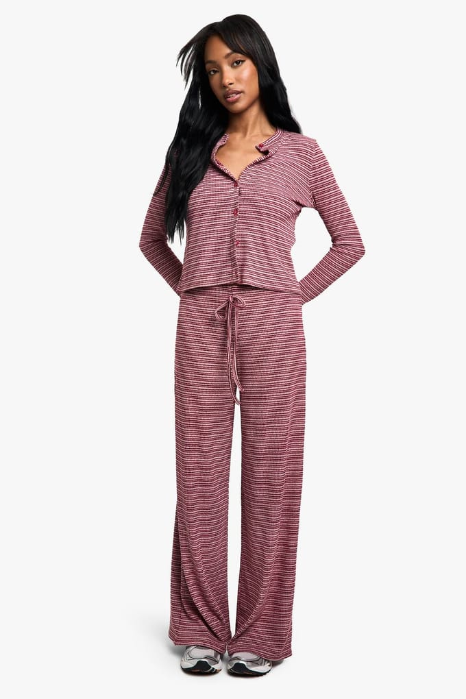 boohoo Dames Gestreepte Jersey Top met Knopen aan de Voorkant | Red | Maat: 6