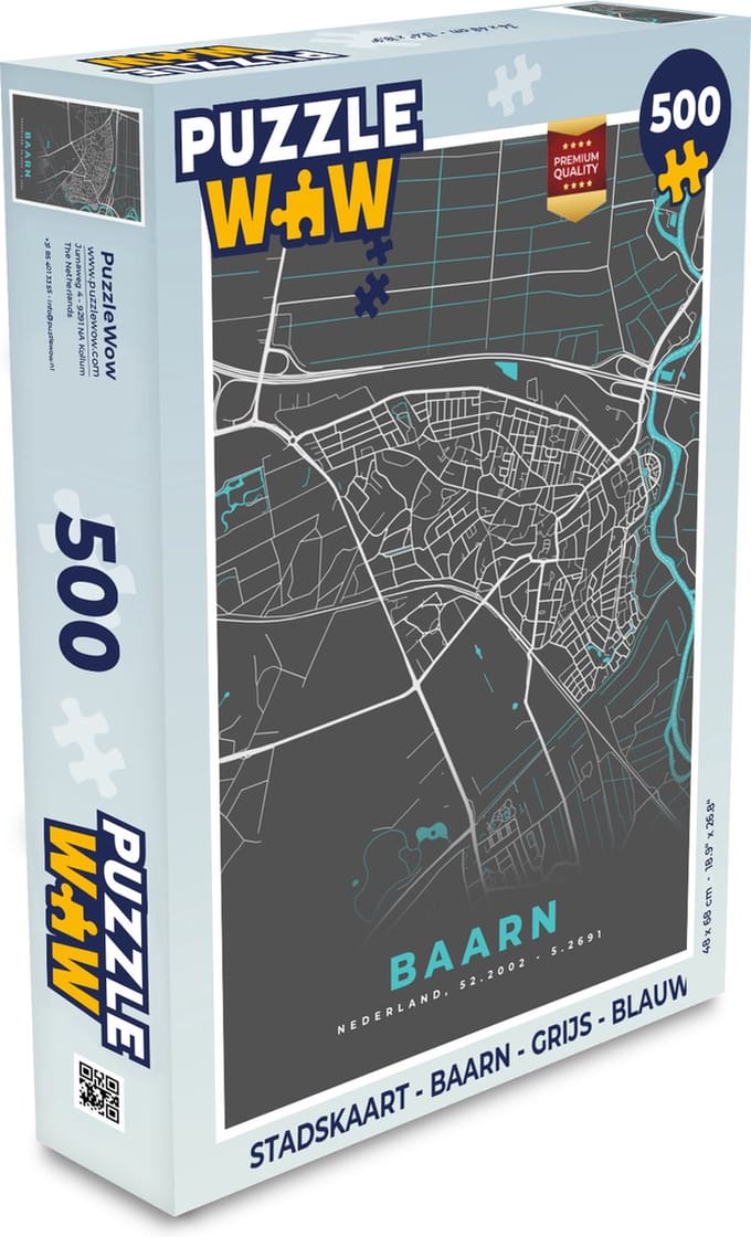 Puzzel Stadskaart - Baarn - Grijs - Blauw - Legpuzzel - Puzzel 500 stukjes - Plattegrond