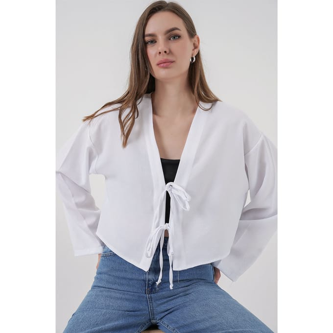 Viscose Blend V-Hals Lange Mouw Kimono met Binding Detail